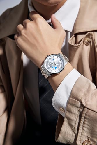 Image of London Fog Baker Collection Analog Quartz Watch for Men, Round World Map Dial with Month Markers & Crystal Accents, Luminous Hands, Stainless Steel Strap - LFM10009