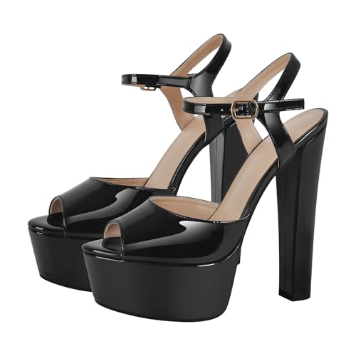 LISHAN Sexy High Heel Peep-Toe Platform Sandals Chunky Heels with Adjustable Ankle Strap Patent Leather Sling back Summer Shoes3
