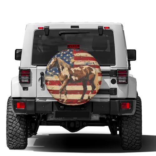 Image of Delerain Horse American Flag Spare Tire Cover for RV Trailer SUV Truck and Many Vehicle, Wheel Covers Sun Protector Waterproof (15 Inch for Diameter 27 inch-29 inch)