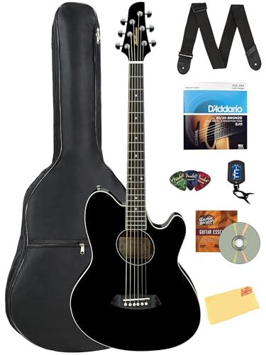 Ibanez TCY10E Talman アコースティックエレキギター - ブラック ハイグロス バンドル ギグバッグ、チューナー、ストラップ、D'Addario ストリングス、ピック、Austin Bazaar インストラクションDVD、ポリッシュクロス
