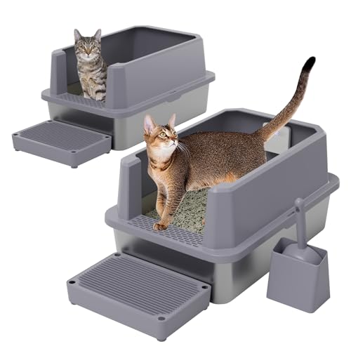RIZZARI Stainless Steel Litter Box: Gray Leakproof Open Top Tray - Teflon Non-Stick Coating - Large Size Odor Control for Cats Under 20 lbs - with Deo