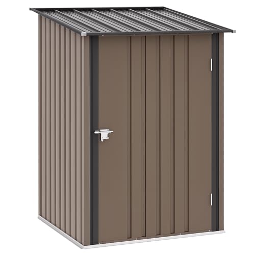 Outsunny Metall Gerätehaus 1,6m³ 100x103x160cm Geräteschuppen mit Pultdach Abschließbarer Tür wetterfest Gartenhaus Outdoor Schuppen Schrank für Garten Außenbereich, Braun
