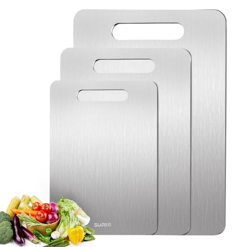 Tablero de corte de titanio puro al 100 %, pack de 3 unidades (mediana, grande y extragrande), apto para cortar carnes, frutas y verduras, doble cara, fácil de limpiar miniatura 1