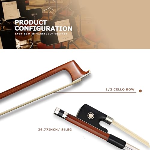 BlissKiss Brazilwood Cello Bow - Handmade with Natural Horsehair, Ebony Frog, and Nickel Silver Winding – Perfect Balance and Superior Sound Quality (4/4 CELLO BOW)