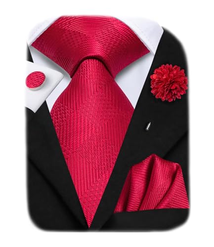Image of Hi-Tie Mens Red Solid Neckties Classic Silk Formal Tie Lapel Pin Pocket Square Cufflinks Sets Formal Business Wedding