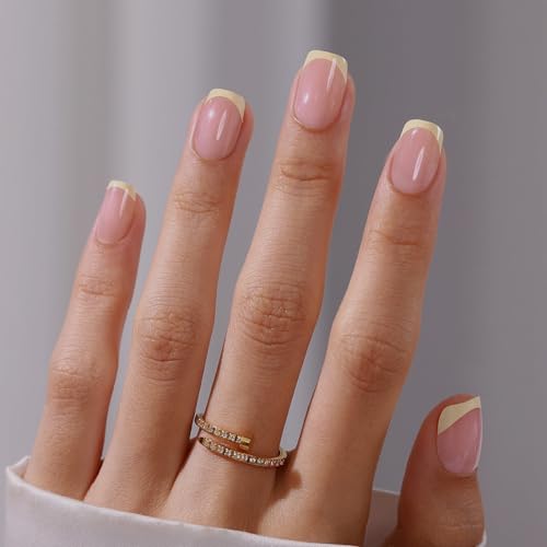 Butter Yellow French Tips Press on Nails - GJZEZ Soft Gel Cute Sh...