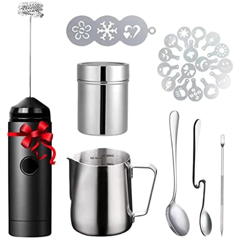 Milk Frother Handheld Coffee Art Set - with Milk Frother Pitcher, Powder Cocoa Shaker, Latte Art Pen, Coffee Stencils, Coffee Spoons Cover