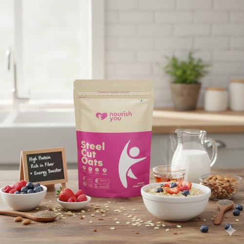 Image of Nourish You Premium Steel Cut Oats - 1Kg | 14.2g Protein per 100g | 10.2g dietary Fibre per 100g | Gluten Free Oats | High in Iron & Fibre | Healthy Protein Breakfast Cereal & Oatmeal | Diet food for Weight Management | Value pack |