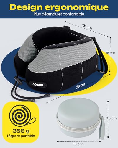 Aosun Coussin de Voyage Avion et Voiture, Oreiller Cervical en Mousse à Mémoire de Forme, Kit 4... – Image 7