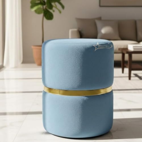 Image of Round Single Strip Upholstered Stool Living Room Foot Rest Linen Fabric Padded Seat Pouf Ottoman Office Stool (Sky Blue)