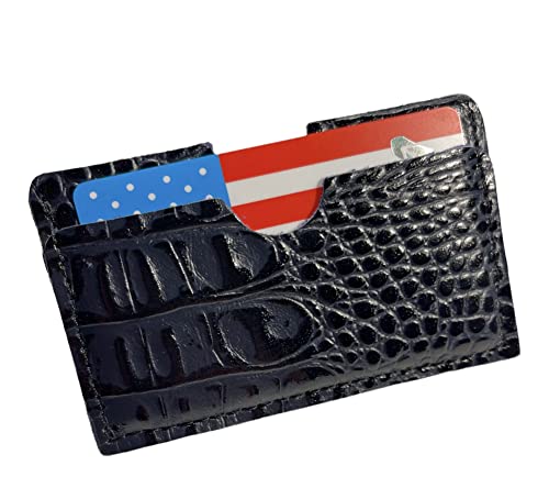 Real Leather Credit Card Holder - Handmade 100% Genuine Cow Leather Business Card Case Embossed Reptile Pattern - Dark Blue Caiman