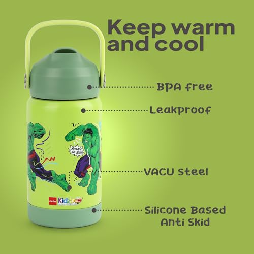 Image of CELLO Kidzbee Gen Alpha Stainless Steel Kids Flask Water Bottle 370 ml | 3D Hulk Touch & Feel Design, Leakproof Lightweight Easy to Carry Hot and Cold Kids Flask Water Bottle for School & Travel