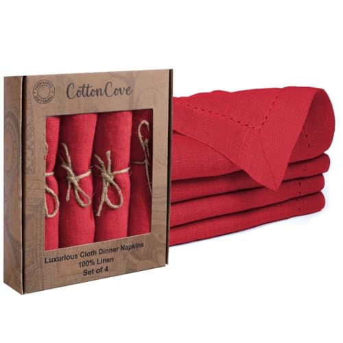 CottonCove 100% Linen Hemstitch Cloth Dinner Napkins - Soft Durable Washable - Ideal for Farmhouse Parties Wedding Holidays Christmas - Perfect Everyday Use Set of 4 Table Cloth Napkins 46x46 cm Red