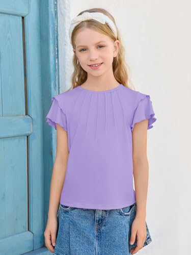 Image of Haloumoning Girls Pleated Ruffle Short Sleeve Shirts Kids Summer Crewneck T-Shirts Fashion Tops Tees 5-14 Years