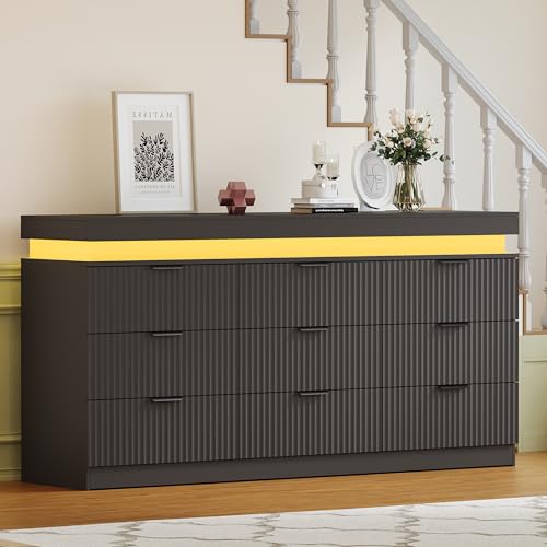 Image of Black Dresser 9 Drawer Dresser with LED Lights and Charging Station, 63 inch Wide Wood Fluted Dresser for Bedroom, Modern Chest of Drawers for Closet Dresser TV Stand for Living Room, Entryway