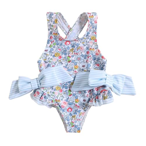 Generisch Traje de baño para bebé, niños, niñas, verano, estampado floral, lazo sin espalda, 1 pieza, traje de baño para playa, bikini, bañador para mujer, con parte superior, azul claro, 18-24 meses