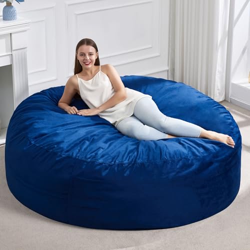 Image of Hobestluk Giant Bean Bag Chairs 6FT Oversized BeanBag Chair for Adult Jumbo | Memory Foam,Washable Cover,Velvet Fabric,Storage Pocket,Handle,Bedroom Living Room Bean Bag Bed Reading Gaming | Blue 6FT