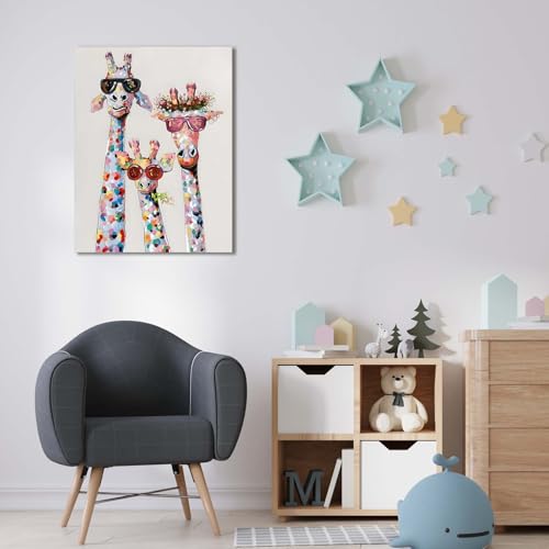 Qiukoo Wall Art - Bunte Giraffe Leinwanddruck mit Sonnenbrille, lustige Tier-Wanddekoration für Schlafzimmer, Wohnzimmer, Flur oder Treppe, mit vormontiertem Rahmen und Haken, 30 x 39,9 cm