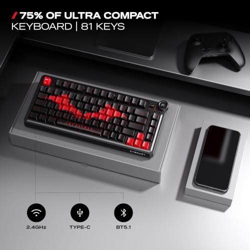 Image of CYBEART Nighthawk 75 The Batman Edition Wireless Mechanical Keyboard, 81 Keys with Multimedia Knob, Tri-Mode Bluetooth 5.1 /2.4GHz /Wired, Hot-Swappable, RGB Backlit, PBT Keycaps, 4000mAh Battery