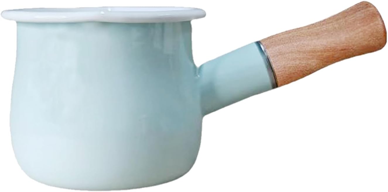 0.6qt Mini Enamel Milk Pot Insulated Wooden Handle 2 Pour Spouts Small Food Warmer Cute Saucepan(D015,White)
