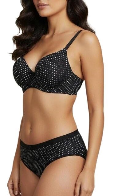 Women's Polka Dot Padded Non-Wired Bra & Hipster Panty Lingerie Set | Comfortable Daily Inner Black 34C-image-43
