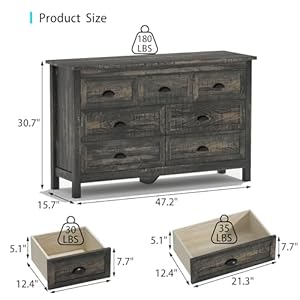 Farmhouse 7 Drawer Dresser for Bedroom, Antique Double Dresser & Chest of Drawer with Vintage Handle and Storage, Wood Rustic Dresser Organizer for Living Room, Hallway(Dark Rustic Oak) Farmhouse 7 Drawer Dresser for Bedroom Antique Double Dresser Chest of Drawer with Vintage Handle and Storage Wood Rustic Dresser Organizer for Living Room HallwayDark Rustic Oak