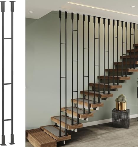 Moderno sistema de barandilla de metal para escaleras con columnas cuadradas y balaustres negros para uso en interiores en el ático, montaje en el techo, postes y accesorios incluidos (1 pieza de 55