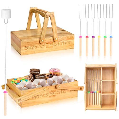 4 in 1 Smores Station with Handles 6 Pcs 32 Marshmallow Roasting Sticks Wooden Smores Caddy Organizer Smores Tray with Lid Smore Skewers Extendable Smores Box Storage for Fire Pits Camping BBQ
