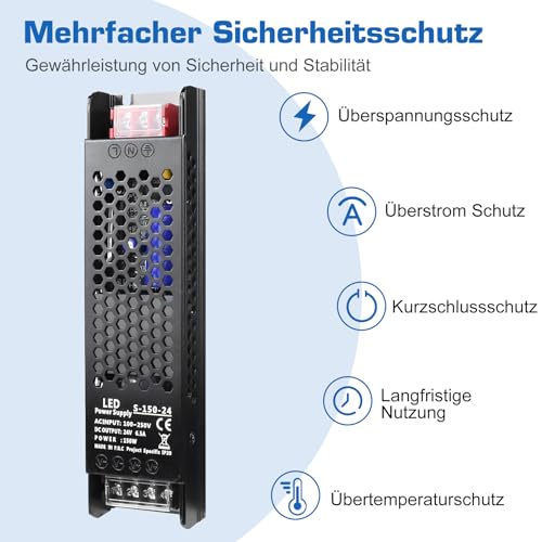 InShareplus LED Trafo 24V 150W 6.5A, Schlankes Netzteil AC 230V zu DC Adapter, Konstante Spannung für LED-Streifen, Schrankleuchten und Innenlampen – Bild 5