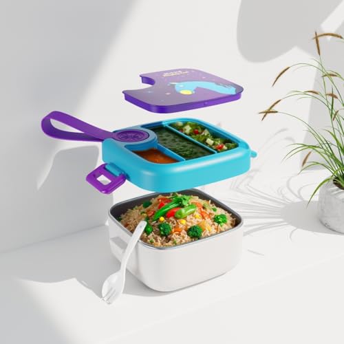Image of Darkpyro Colorful Kids Bento Lunch Box Set with Compartments | BPA-Free, Microwave & Dishwasher Safe, Includes Utensils and Cute Lid Design | Ideal for School & Travel Meals - Purple