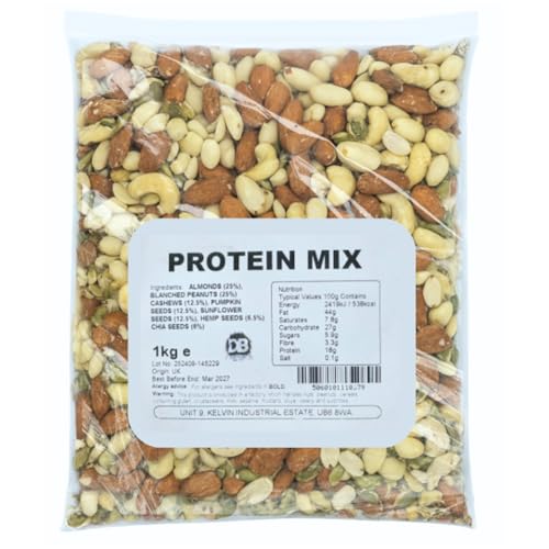 Protein NUT & Seeds Blend 1KG - Includes Almonds, Blanched Peanuts, Cashews, Pumpkin, Sunflower, Hemp and Chia Seeds | Bulk Nuts & Seed Mix, Nut Variety Pack | Baking Seed Blend for Catering