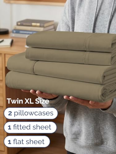 Image of Extra Deep Twin XL Sheet Set - 4 Piece Breathable & Cooling Sheets - Khaki | Hotel Luxury Bed Sheets Set, Easy & Secure Fit, Ultra-Soft, Wrinkle & Fade Free, Comfy Sheets Set with Extra Deep Pockets