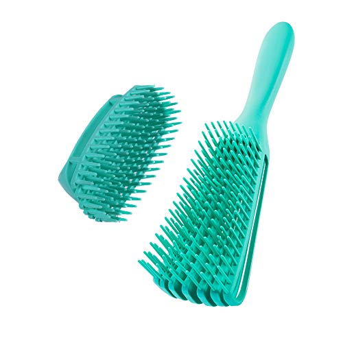 Detangling Brush and Hair Scalp Massager Set, 1pc Ez Detangler Brush and 1pc Silicone Shampoo Brush for 3a to 4c Kinky/Wavy/Long/Thick/Natural Black/Curly Hair, Easy Clean,Wet n Dry (Green)