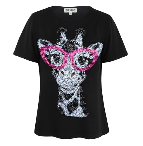 Image of PESION Womens Short Sleeve T-Shirt Sequined Tops O-Neck Funny Graphic Tees Blouse