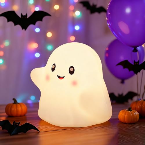 Image of Ghost Night Light for Kids, Silicone Nursery Nightlight with 13 Interactive Sound Effects ,Halloween Decor Lamp Adjustable Dimmable Lamp with Touch Sensor Children's Christmas Gifts (white ghost)