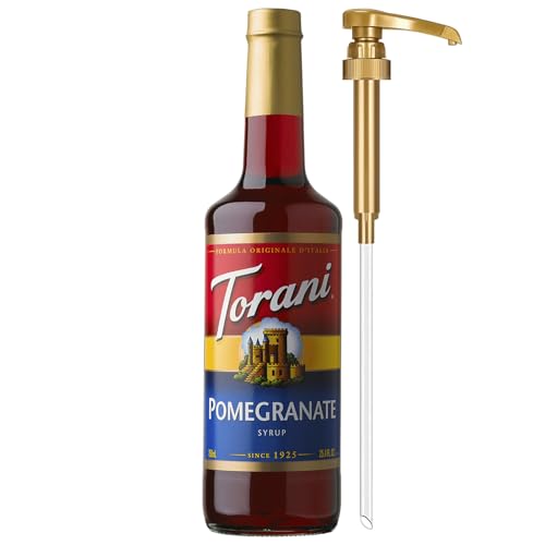Torani Pomegranate Syrup for Drinks, Flavoring for Iced Tea, Lemonade, Sodas, and Cocktails, Glass Bottle with Pump Included, 25.4 Fl Oz