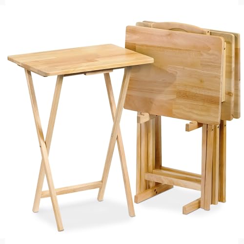Comparison: Best Wooden Dinnerware Sets 11 PJ Wood 5-Pack TV Tray, Folding Wooden Dinner Table Set with Storage Rack, Natural - Portable and Adjustable Home Furniture for Living Room, Bedroom, and Kitchen