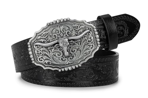 Western-Cowboy-Retro-Belt with Bull-Buckle, Floral Engraved Leather Cowgirl Belt for Jeans Pants