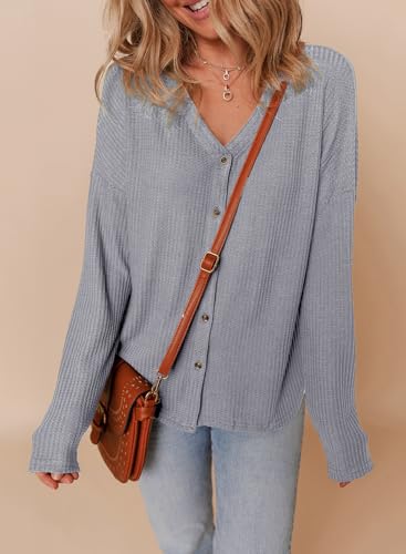 Dokotoo Women's Casual V Neck Waffle Knit Button Down Long Sleeve Shirts Loose Tops2