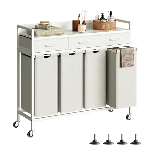 Herture Laundry Sorter 4 Section Laundry Hamper with Shelf, Durable 4 Section Laundry Basket with Rolling Wheels & Storage Drawers, 4 x 13.26 Gallons (50L), White PF10XLW