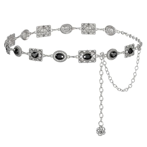 Image of LEACOOLKEY Western Concho Chain Belt Women Boho Rhinestone Gems Metal Waist Belt Cowgirl Gold Silver Chain for Dress Jeans,Style 1-Silver With Black,Fit for waist up to 34"