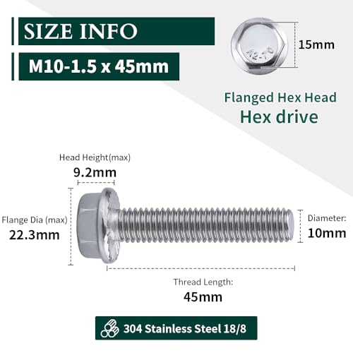 Image of M10-1.5 x 45mm Hex Flange Bolt (1.77 inch Thread Length), DIN6921, Serrated Locking Flange, 304 Stainless Steel, UNC Full Thread, 6-Pack