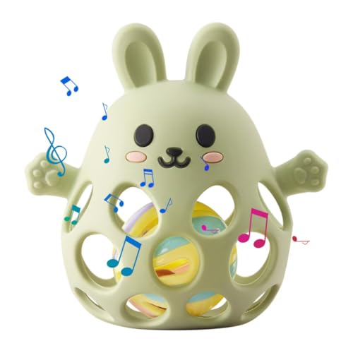 Arudyo Beißring Baby Beißspielzeug Zahnungshilfe aus Silikon Beißring Hase mit Glocke Zahnen Spielzeug & Greifring für Babys (Olive)