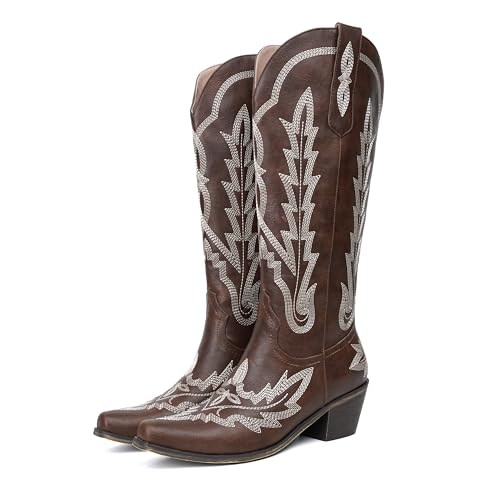 Image of olomisa Over the Knee Cowboy Boots for Women Embroidery Cowgirl Boots Chunky Heel Side Zipper Boots Thigh High Western Boots