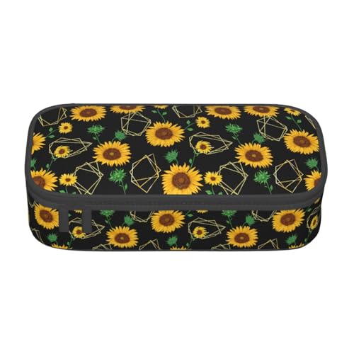 Image of Golden Sunflower Art Pencil Case Big Capacity Storage Pencil Pouch Stationery Bags With Zipper Portable Pen Holder Box Organizer For Boys Student College School Office Supplies