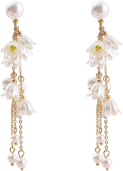 Bell Orchid Flower Earrings for Women White Lily of the Valley Floral Simulated Pearl Long Tassel Dangle Drop Earrings Wedding Bridal Jewelry