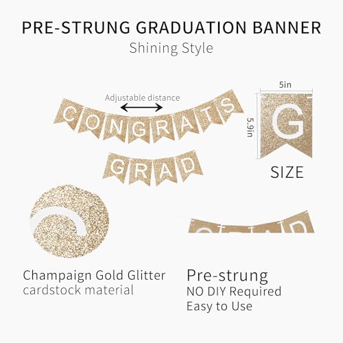Image of Graduation Decorations 2026, Congrats Grad Banner for Congratulations Graduate Graduation Party - Set of 2 White and Gold Glitter Garlands Sign Hanging Decor for Wall Door Porch, Pre-strung No DIY