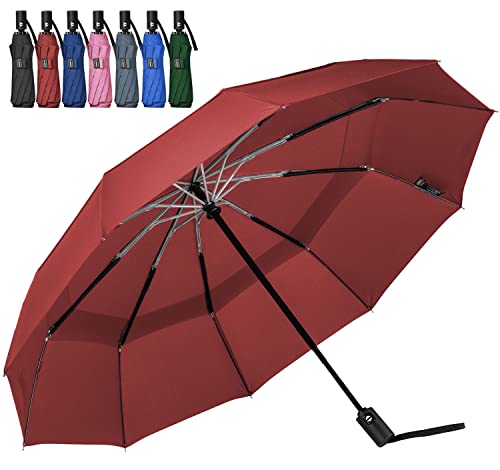 Image of LANBRELLA Umbrella, Vented Travel Umbrella, Compact, Auto Open Close, 10 Ribs, Windproof, Burgundy