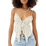 RUEWEY Women's Summer Tie Up Camisole Tops Lace Sleeveless V Neck Irregular Ruffle Bustier Tops Crop Tops (A-Milky White, L)