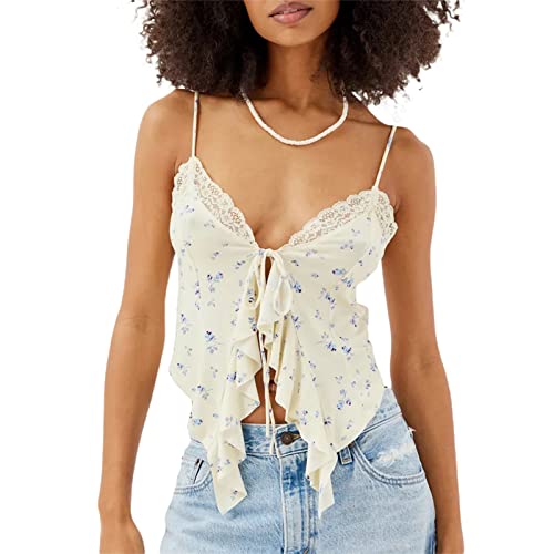 RUEWEY Women's Summer Tie Up Camisole Tops Lace Sleeveless V Neck Irregular Ruffle Bustier Tops Crop Tops
